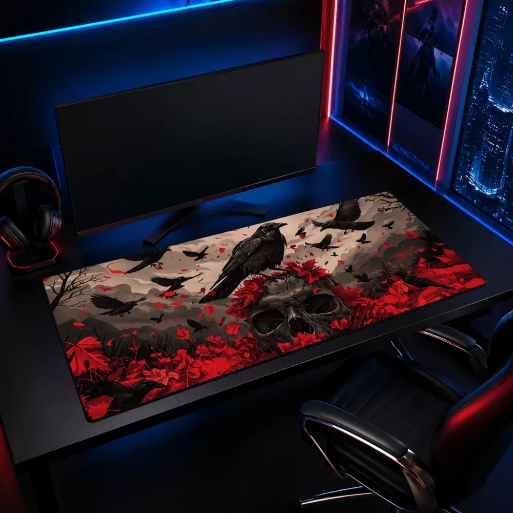 Gothic raven skull print, red and black horror aesthetics, suitable for gamers,mouse pad tapis de souris pc accessories