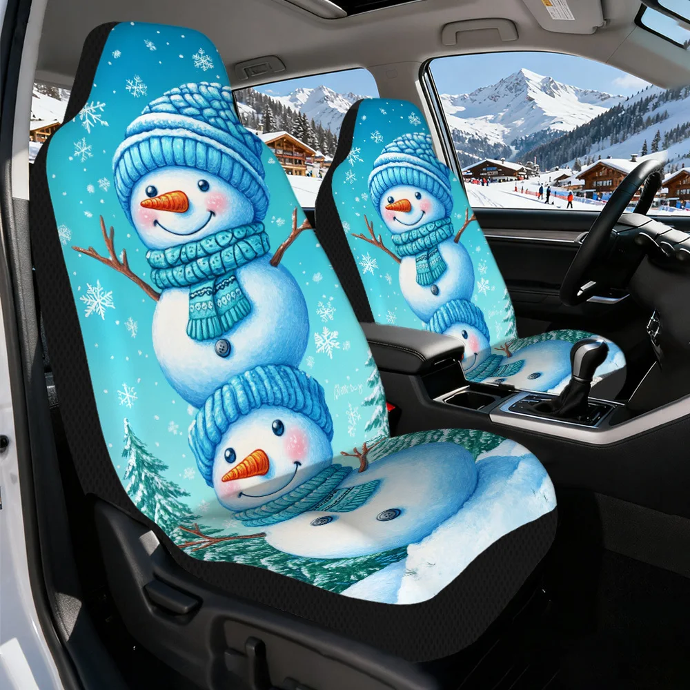 2pcs Christmas Snowman Car Seat Covers Set - Elegant Winter Print With Snowman & Snowflakes, Soft Breathable Fabric, Fits Most C