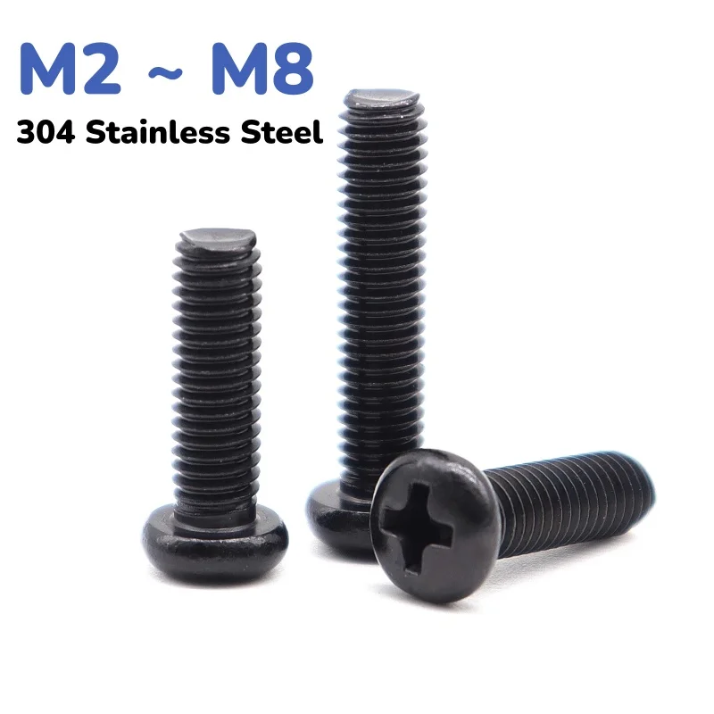 Black 304 Stainless Steel Cross Recessed Micro Pan Round Head Screw M2 ~ M8 Length 4 ~ 50mm