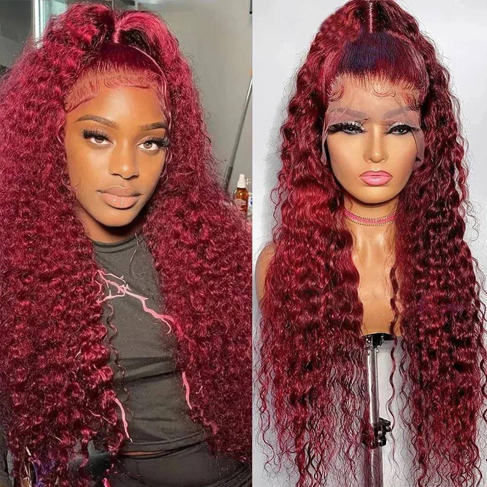 

99J Deep Wave Transparent Lace Front Human Hair Burgundy Brazilian Curly Wigs Loose 13x4 Lace Frontal Wig Red Colored 13x6 Remy