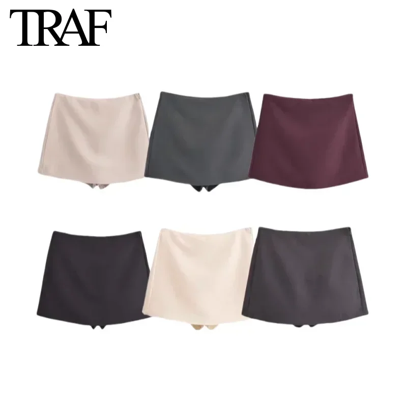 TRAF Shorts for Women Fashion Autumn Winter New Comfortable Casual Solid Color Side Zip Middle-waisted A-line Culotte Skirt Pant