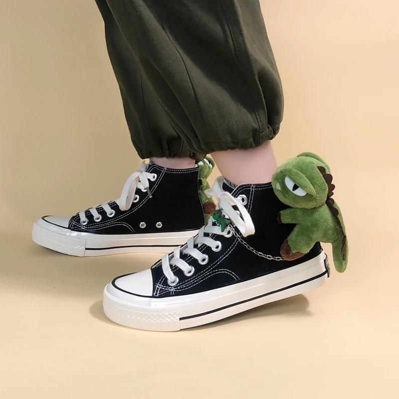 Amy and Michael Cute Anime Dinosaurs Sneakers Girls Students Teens Unisex Black High Tops Canvas Shoes Fashion Women Doll Tennis