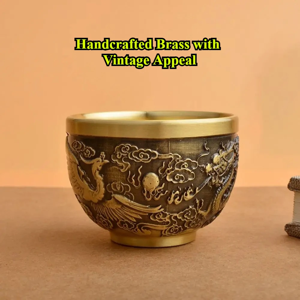 Hand Carved Brass Fu Cup Dragon Phoenix Wine Cup Chinese Style Vintage Drinking Cup for Home Office Gift