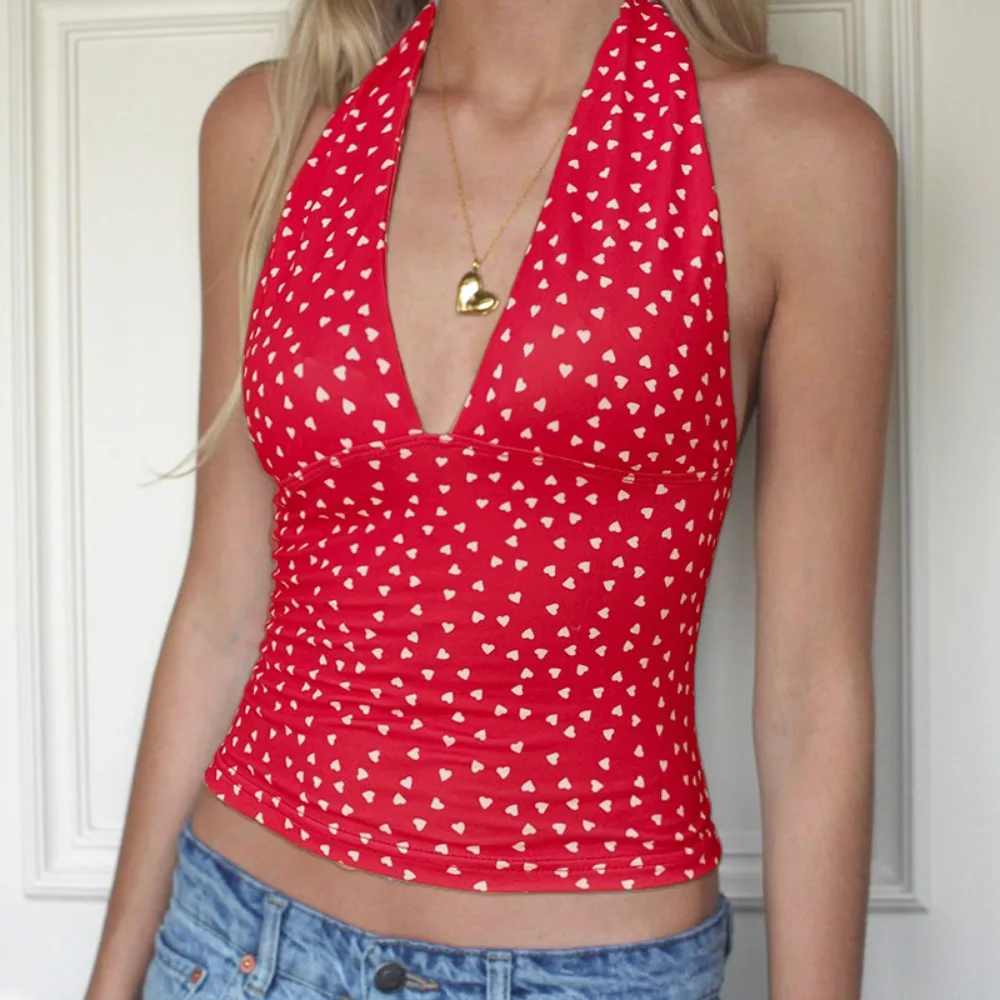

Sweet Love Heart Sleeveless Crop Top Korean Style Ins Y2K Halter Vest Top Grid Pattern Chic Women Camisole Summer