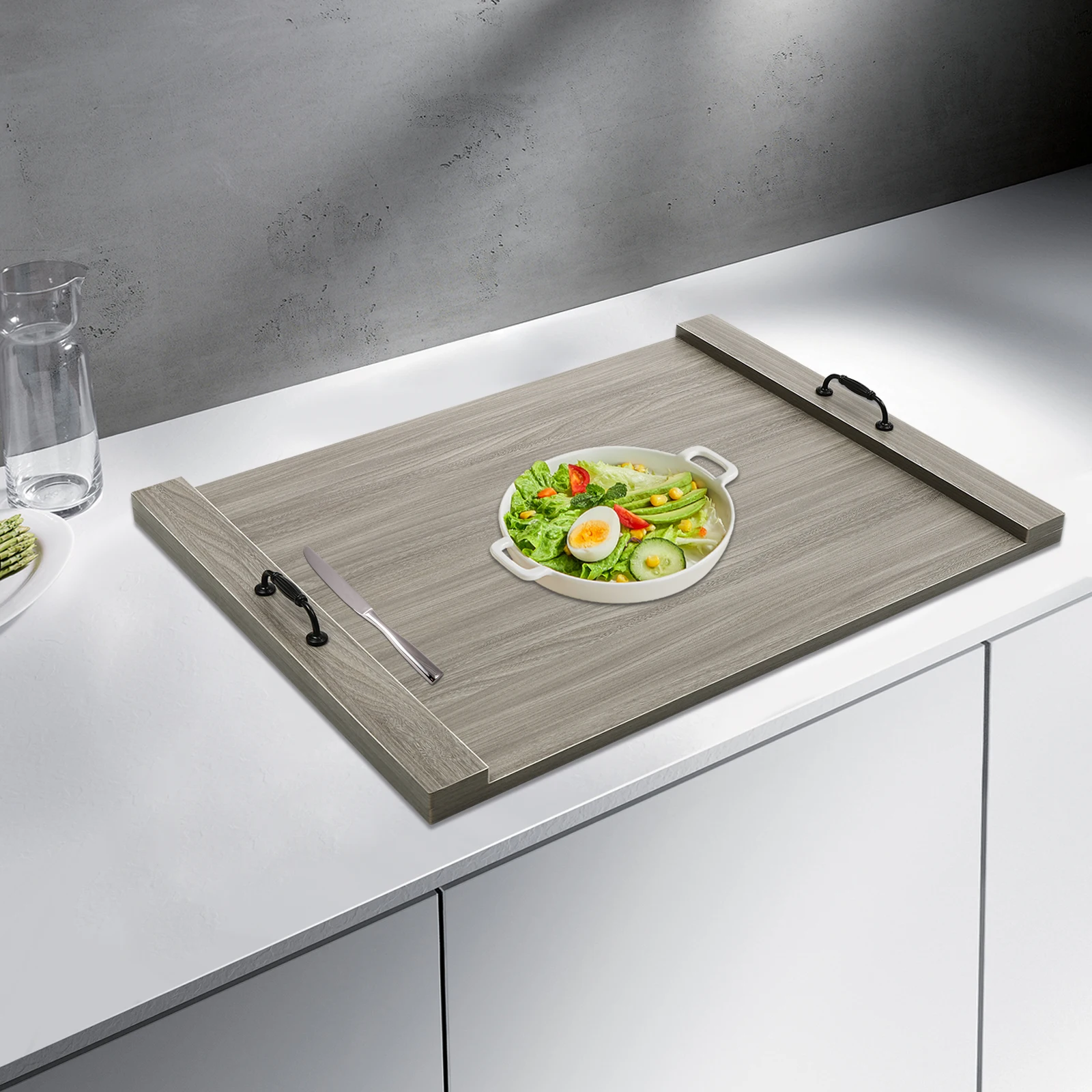 

BYMAOCAR 30"x22" Solid Wood Noodle Board Stove Cover for Gas Burners - Smoked Oak Stove Top Protector w/ Non-Slip Pads & Handles