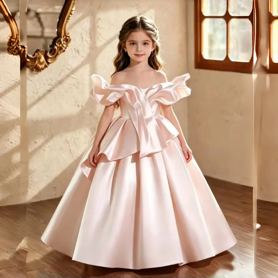 White Satin Flower Girl Dress Off Shoulder Ruffle Neck Floor Length Kids Wedding Pageant Princess Birthday Party Gown for Girls
