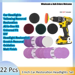 22Pcs 3 Inch Car Lights Kit Polishing Restoration Car Headlights Repair Set Car Care Sanding Discs Pad Wet Dry Sandpaper No Dril