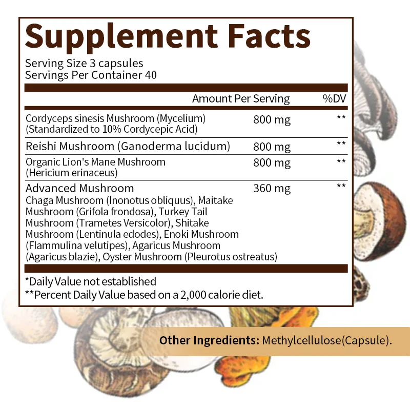 Original Mushroom Complex Capsules with Lions Mane Chaga Cognitive Brain Function Stress Relieves Beauty Health Diet Supplement