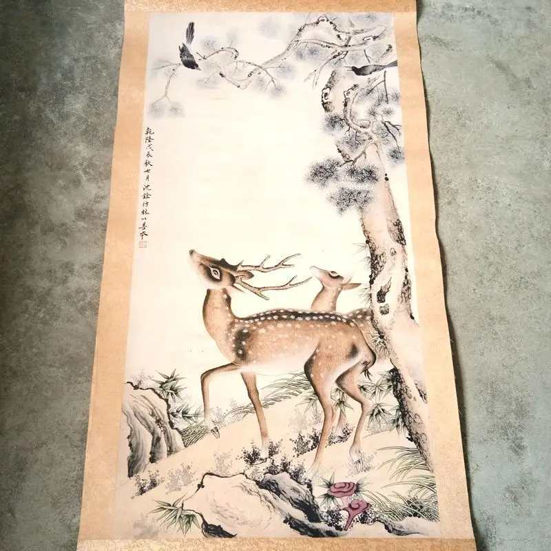 

Supply Antique Sundries Old Xuan Paper High Imitation Calligraphy and Painting Shen Yu Pine Trees and Deers Animal Painting Deco