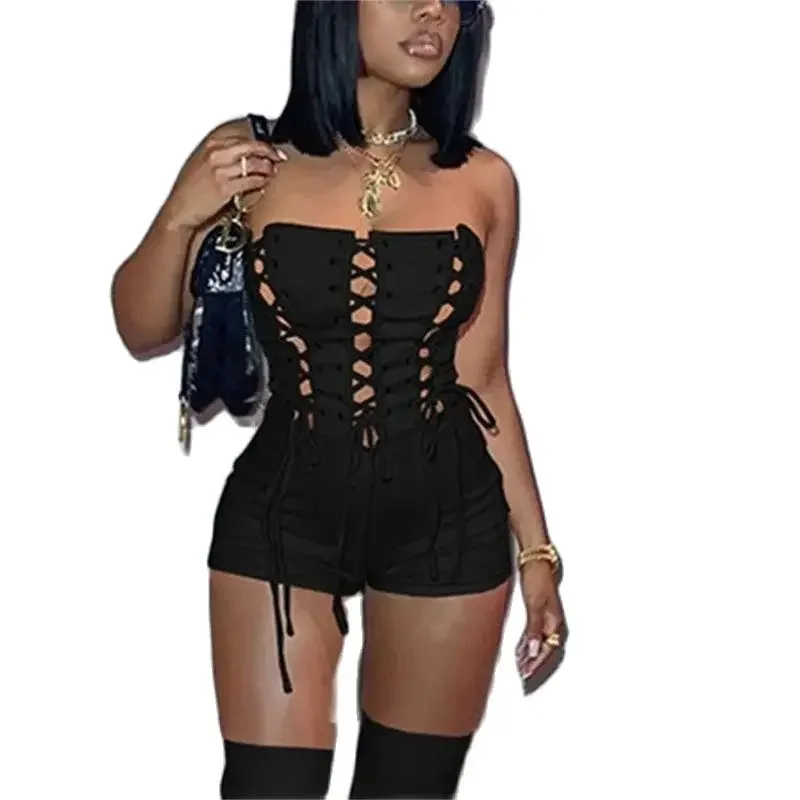 

Women Sexy Hollow Out Lace-up Splicing Jumpsuit Shorts Sleeveless Rompers Female Casual Slim Fit Playsuits Trend Streetwear 2024