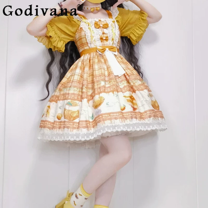 

Spring Summer New Sweet Lace Print Jsk Lolita Suspender Dress Fashion High Waist A-line Age Reduction Cute Girl Princess Dresses
