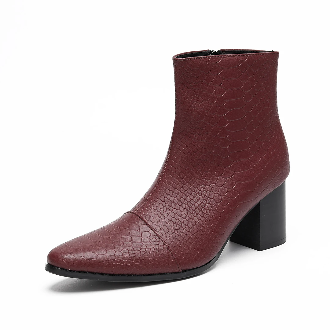 

Botas Solid Real Leather Men High Heel Boots Plus Size Night Club Party Dress Shoes Pointed Toe Male Drag Queen Show Ankle Boots