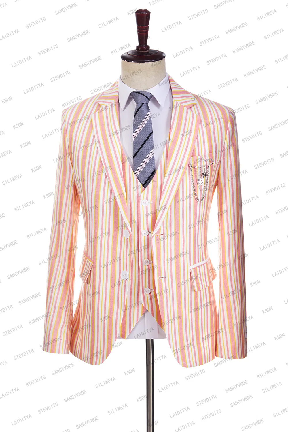 2023 Men's Linen Suits Summer New Pink Striped Blazers Comfortable Breathable Coat Vest Pants 3 Pcs Set