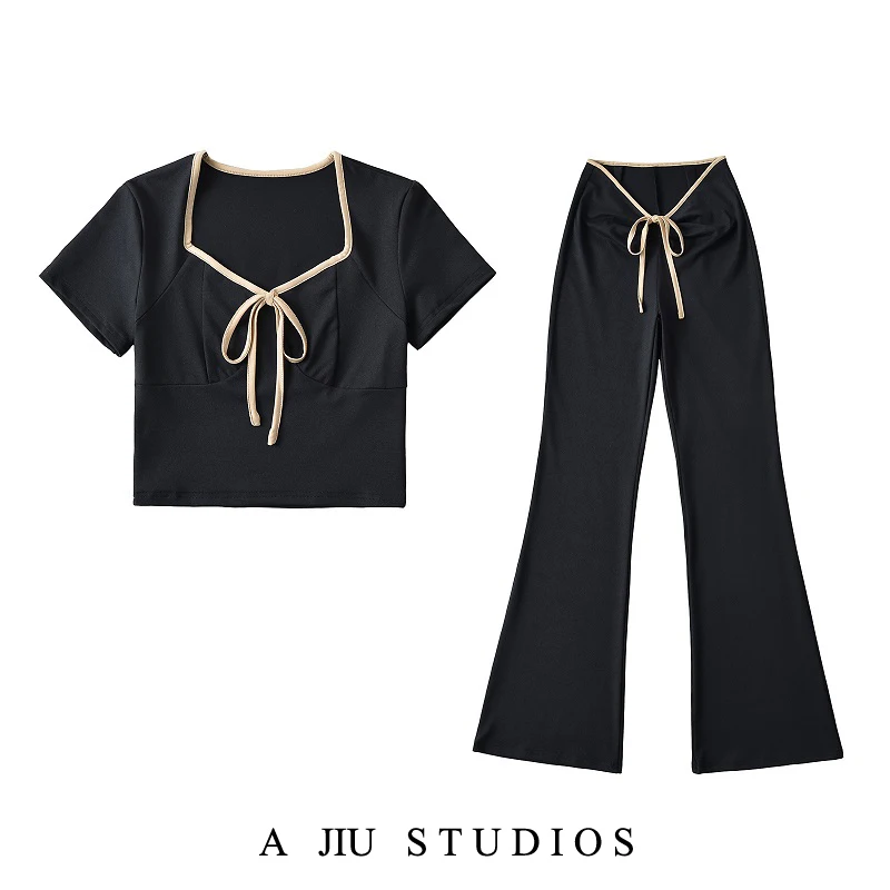 

Pure Desire Сексуальный укороченный топ с квадратным воротником, футболка с расклешенными брюками с высокой талией, повседневные длинные брюки, ансамбль