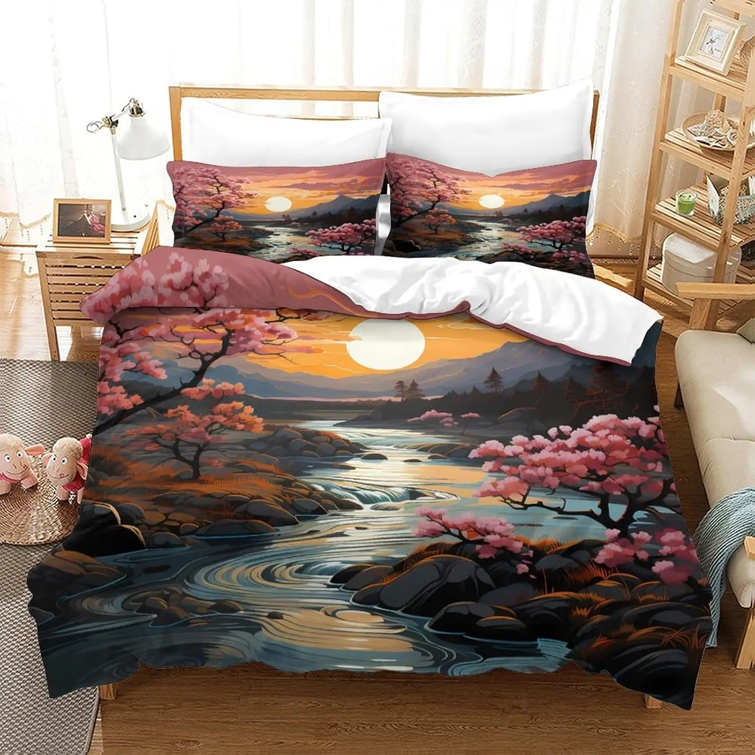 Sunset Landscape Duvet Cover 140x200cm With 1 Pillowcase Anime Scenery Quilt Cover 3D Design Printed Bedding