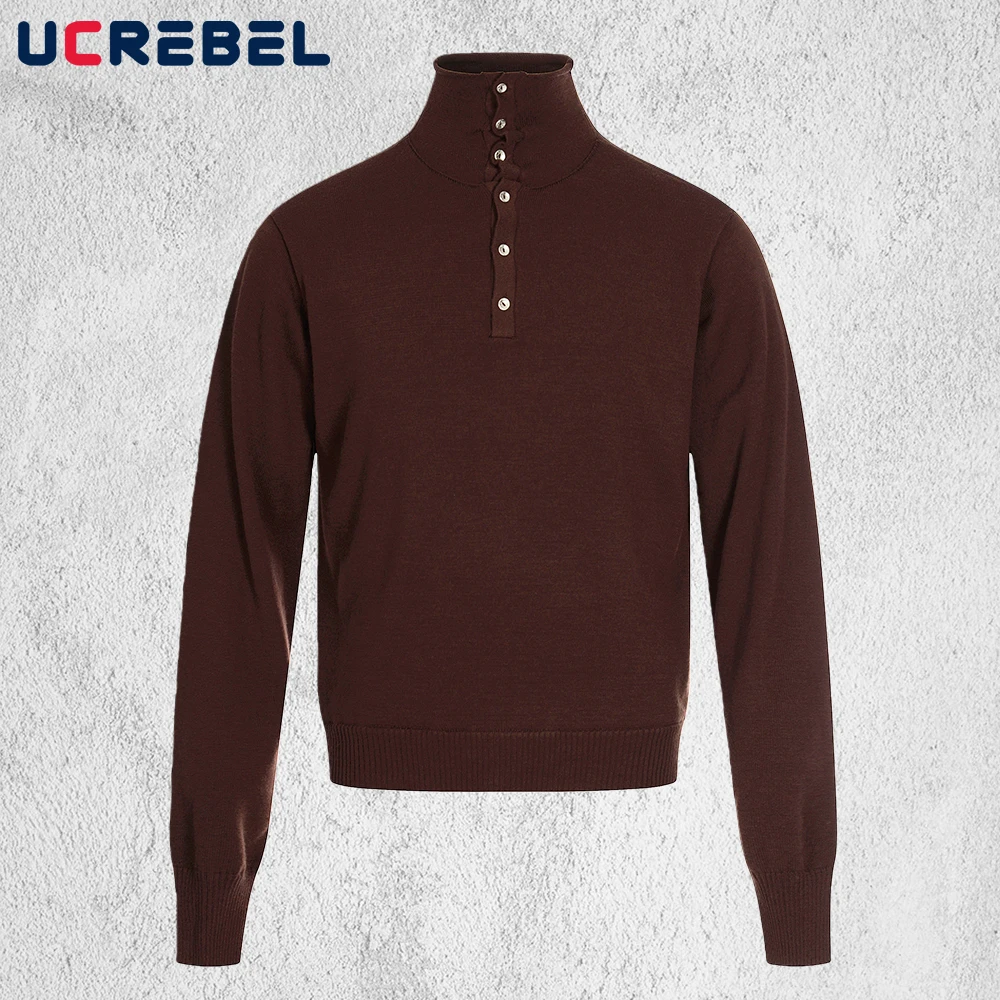 

Водолазка с украшением на пуговицах, мужской однотонный свитер на осень-зиму, свободный вязаный пуловер с длинными рукавами для мужчин