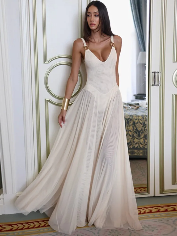 

Elegant Cover-up Women V-Neck Maxi Dress Fashion Sleeveless Solid Dresses Evening Ladies Street Party Vestidos Summer Autumn