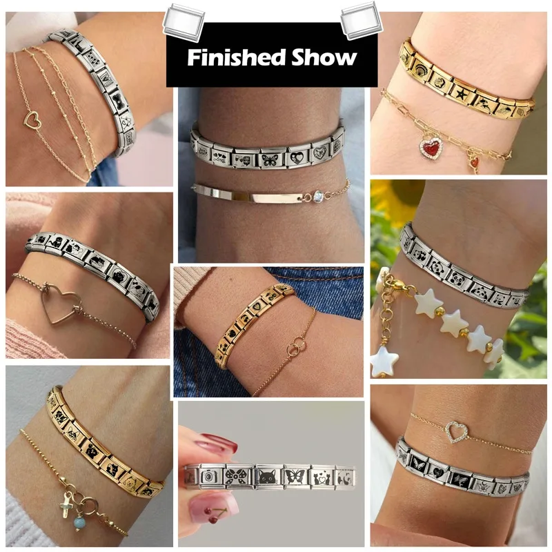 الزركون القلب القوس الكرز الصليب ستار القمر اللؤلؤ الصلب اللون الإيطالية سحر الروابط صالح 9 مللي متر الفولاذ المقاوم للصدأ سوار النساء DIY بها بنفسك صنع