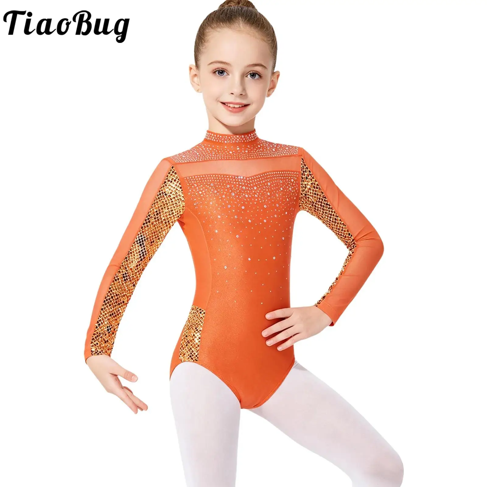 Kids Girls Gymnastics Leotard Shiny Rhinestones Printed Long Sleeve Ballet Dance Unitards Figure Skating Acrobatics Yoga Costume