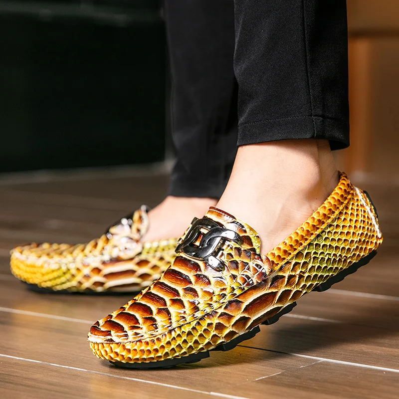 Men Snake Pattern Loafers Metal Buckle Slip On Driving Shoes Casual Business Moccasins Male Footwear