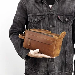 AIGUONIU-Bolso de mano de cuero genuino para hombre, bolsa de viaje para cosméticos, bolso de mano para hombre