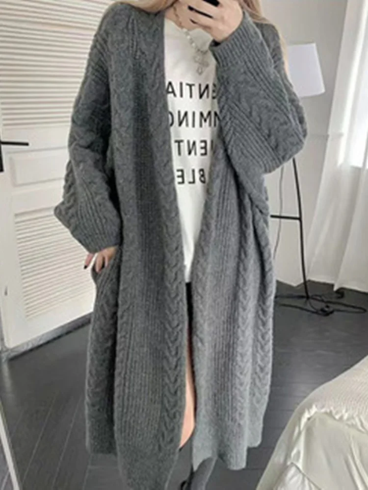 

Woman Winter Knit Cardigan Retro Korean Fashion Sweater Solid Loose Long Coats Warm Thick Jackets Women Clothing Streetwear