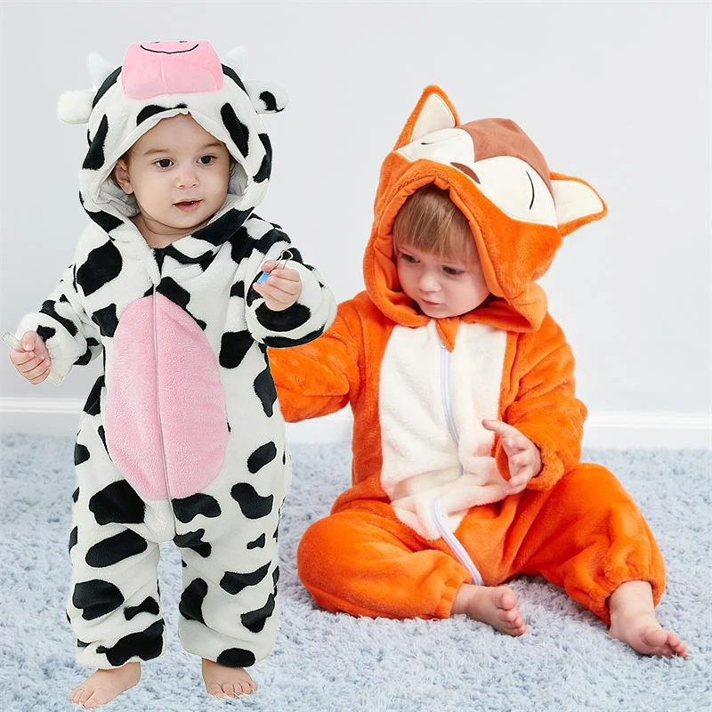 0-4 Years Baby Boys Autumn Winter Rompers Thick Keep Warm Cartoon Cow Fox Dinosaur Lion Cosplay Flannel Bodysuits For Kids