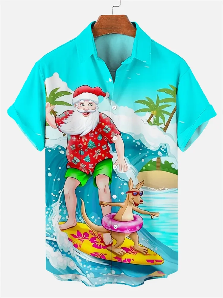 Christmas Graphic Santa Claus Men's Shirts Hawaiian Harajuku Tops Short Print Tee Lapel Fashion Holiday Oversized Clothes