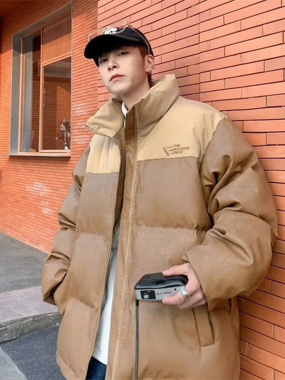 

Retro American Streetwear PU Leather Crocodile Pattern Loose Fit Bread Sle Cotton Jaet Stand Collar Winter New Arrival