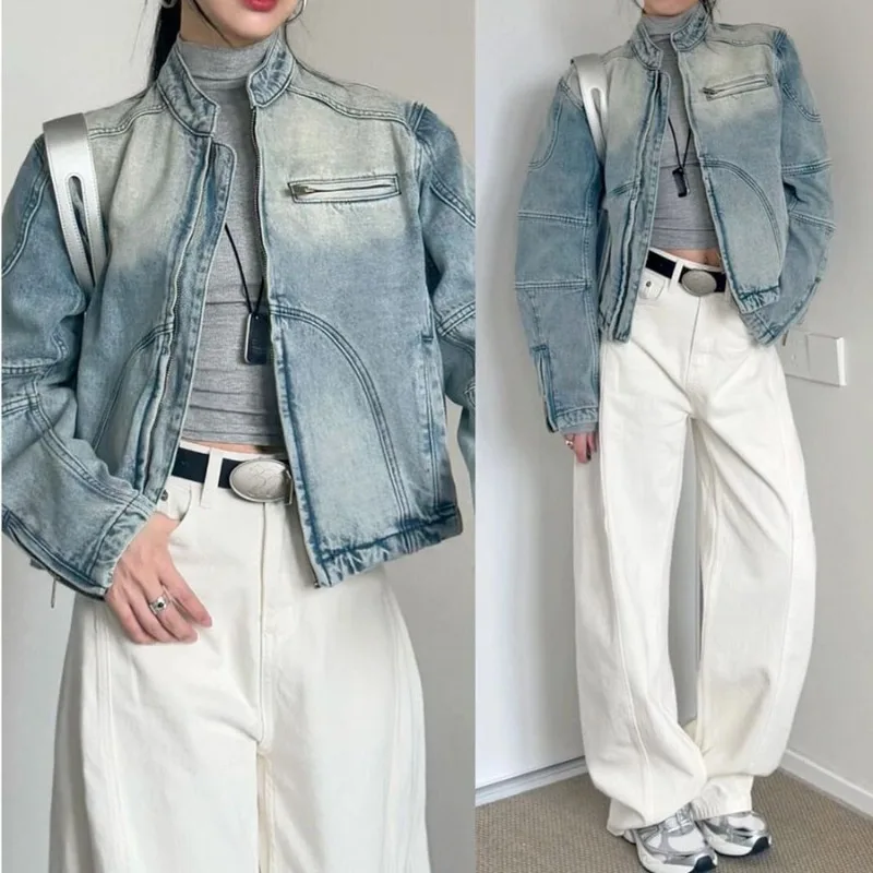 Vintage Washed Denim Jacket for Women's Spring Autumn New Casual Versatile Jean Coats High Street Workwear Denim Outwear Cool