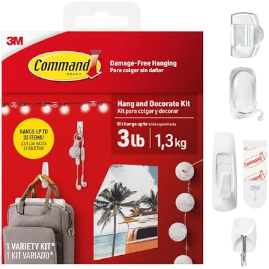 

Комплект Command Hang and Decorate, 6 маленьких переключателей, 2 средних крючка, 4 средних зажима для шнура, 10 зажимов для легких и 20 полосок для плакатов
