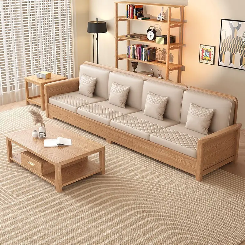 Solid wood sofa combination modern living room small apartment winter and summer dual-purpose fabric storage sofa