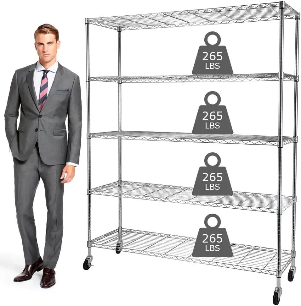 

Metal Storage Shelves with Wheels, NSF Shelving Unit 60 X 18 X 72, 1325 Lbs Capacity, 5 Tier Heavy Duty Wire Shelving Rack,