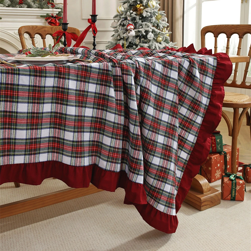 Christmas Red White Plaid Tablecloth Cover Yarn-Dyed Polyester-Cotton Table Cloth Lotus Leaf Decorative Tablecloths Decor Home