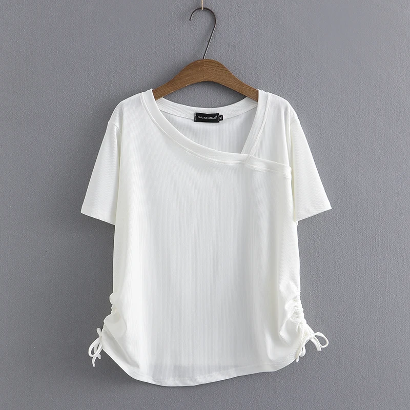 Summer Casual Women's T-shirt plus Size Side Drawstring Short Sleeve Diagonal Collar Loose Fit Classic Pattern Polyester Fiber