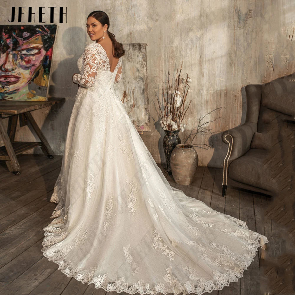 JEHETH Plus Size Bride Gowns Long Sleeves V-Neck Lace Up Wedding Dresses For Woman Lace Applique A-Line vestidos de novia Custom