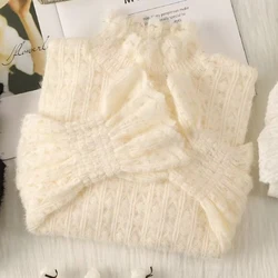 Lace Half Turtleneck Knitted Sweater Women Fall Winter Thick Warm Long Sleeve Pullover Korean Chic Slim Hollow Out Jumper New