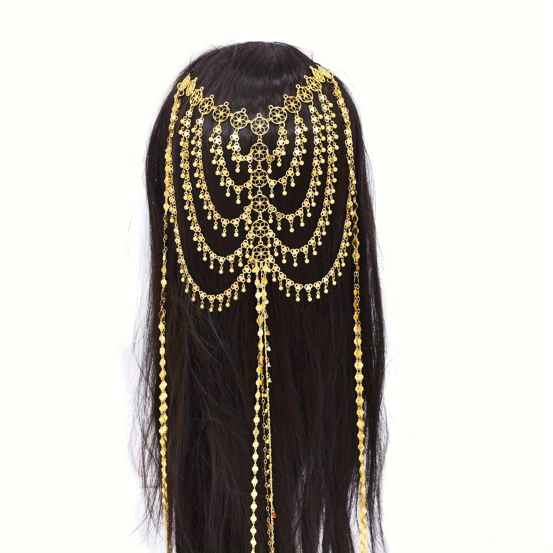 3 Styles Golden Arab India Ethnic Headwear Hair Accessories Long Chains Round Sequins Coin Crystal Tassel Bridal Wedding Jewelry