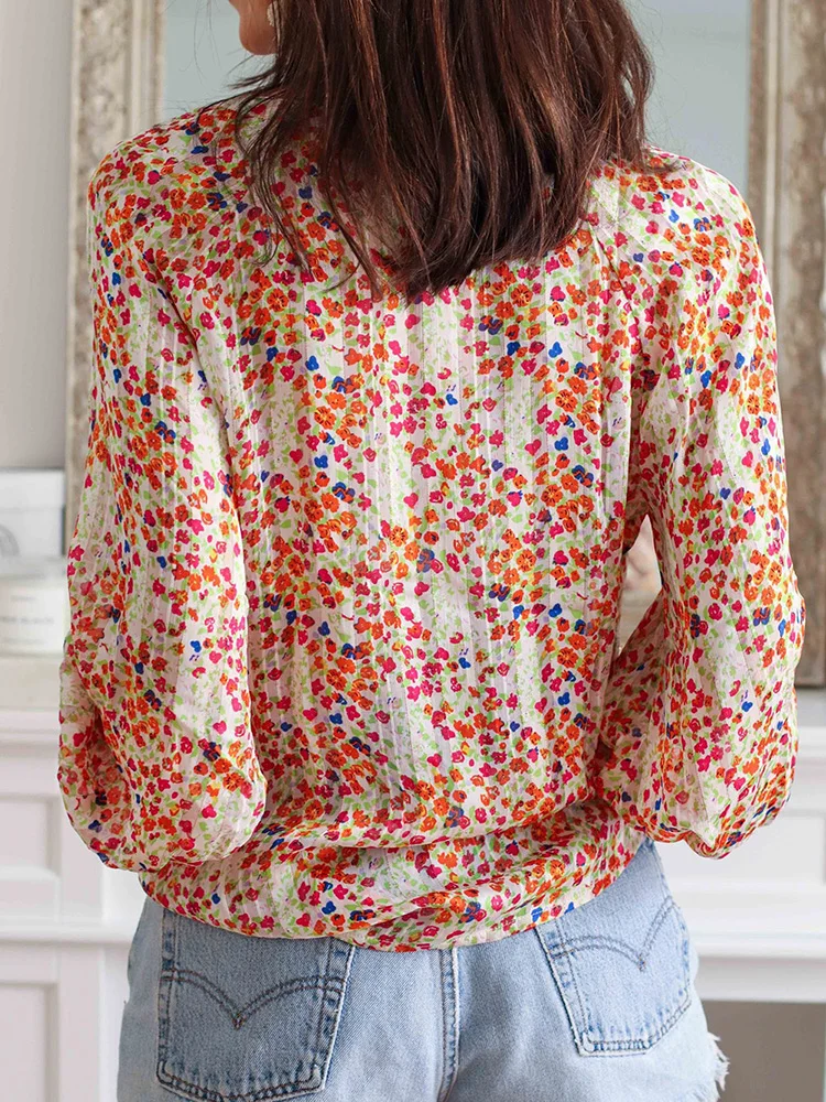 GypsyLady Floral Print Elegant Chic Blouse Shirt Summer Button Front Deep V Sexy Women Blouse Lantern Sleeve Ladies Top Shirt