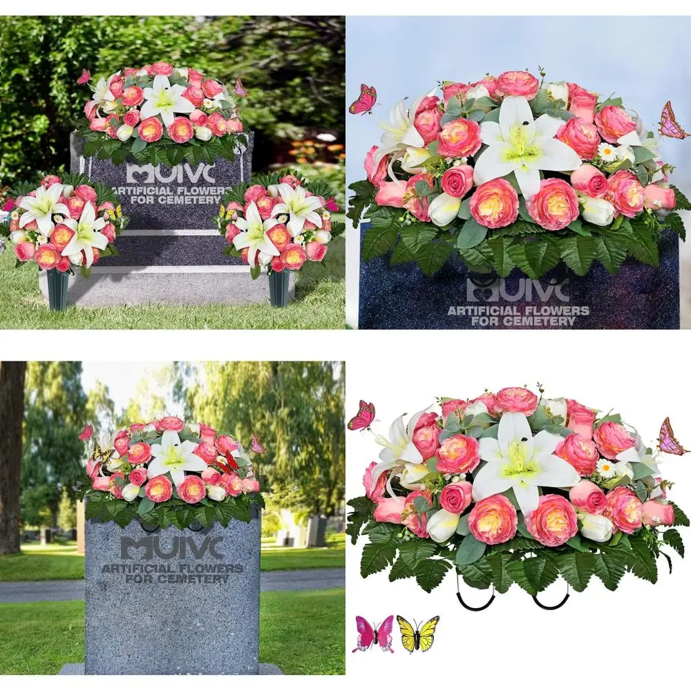 

Outdoor Memorial Flowers - Elegant Headstone Decoration with Silk Pink Roses, Lilies, and Peonies