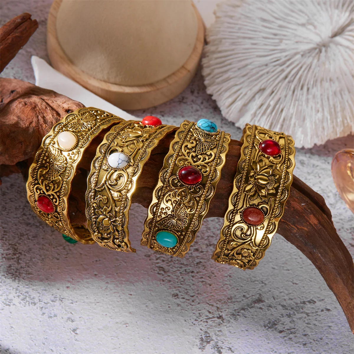 Vintage Antique Silver Color Natural Stone Wide Bangles Bracelets For Women Chinese Style Retro Gold Color Cuff Bracelet Jewelry