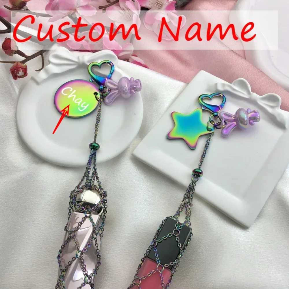 Custom Ins Colorful Stainless Steel Keychain Portable Lipstick Mesh Pocket Keyring Portable Folding Ladies Key Chain Ring Gift