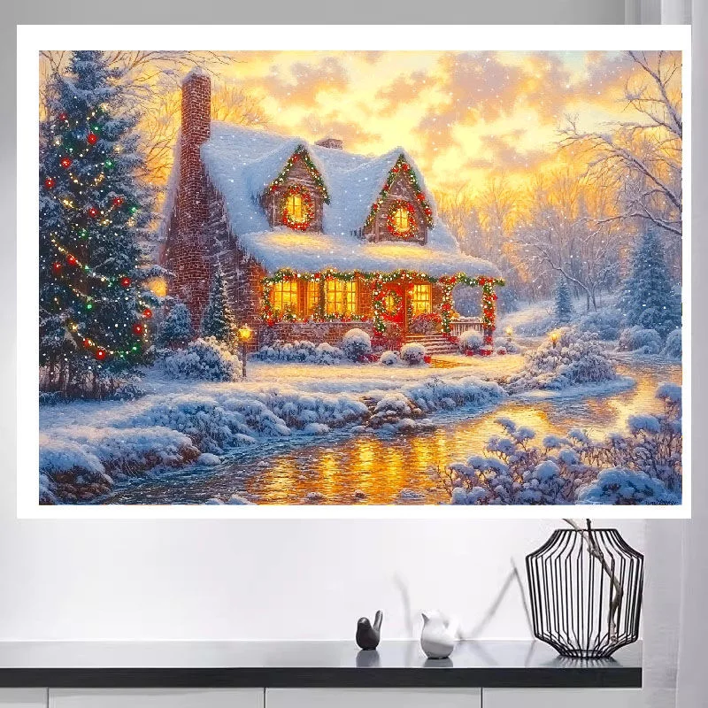 

Summer Sale 70x50cm Cross Stitch Embroidery Kit Winter Snow Landscape Christmas Tree House Pattern Needlework for Birthday Gift