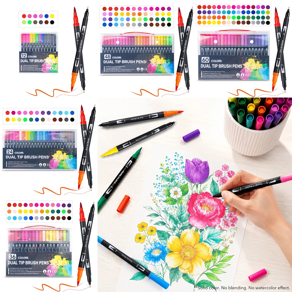 12-60 Colors Dual Tip Brush Fine Tip Markers Water-Based Coloring Pens Art Supplies for Coloring Books Journal Drawing Craft