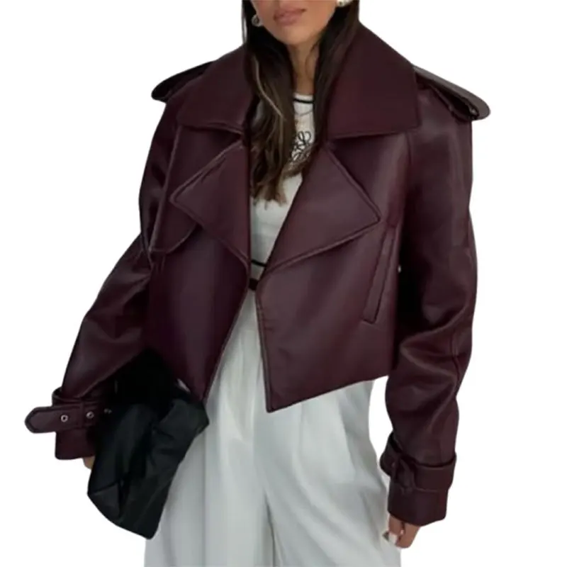 Manteau femme rouge foncé en cuir Pu solide revers veste courte mode poches manches longues manteau court 2025 dame automne Streetwear