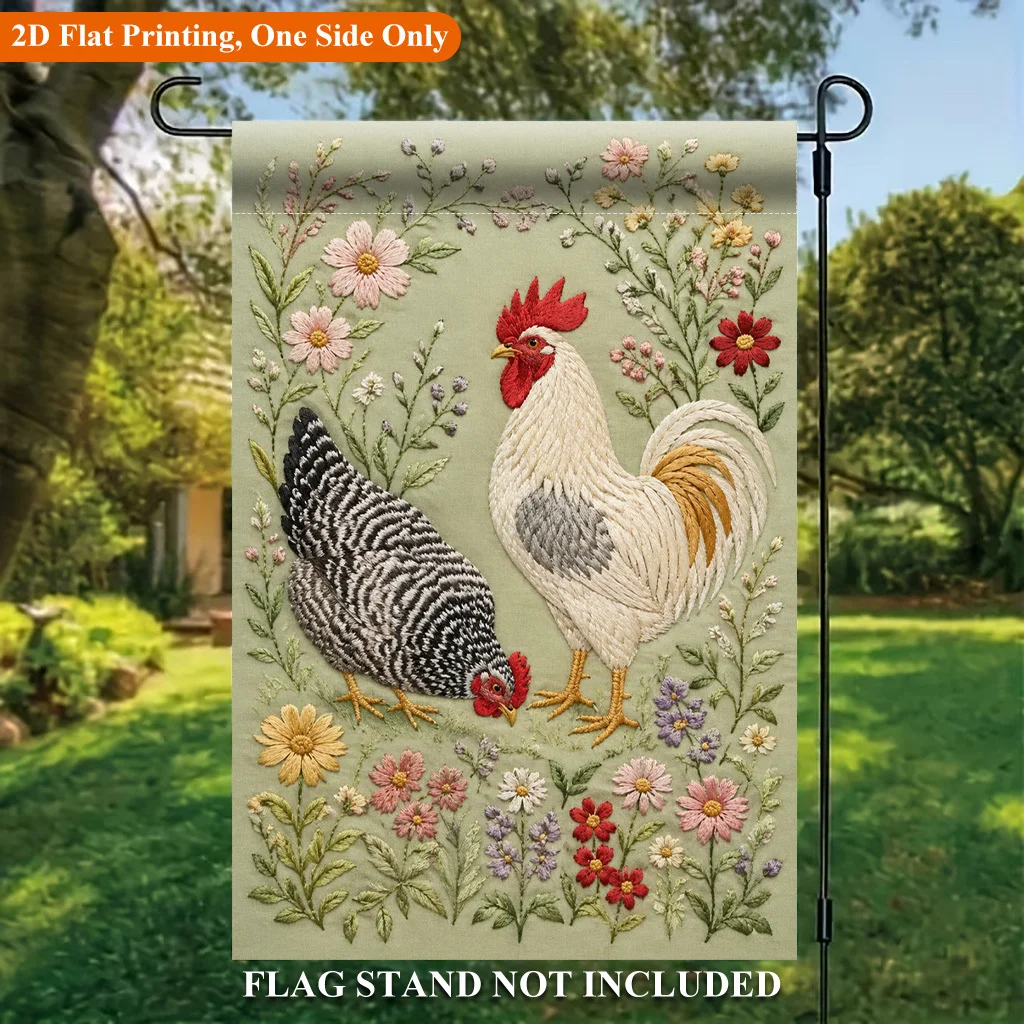 2D Flat Garden Flag 1 Piece, Rooster Hen Flowers Green Grass Holiday Yard Outdoor Flag for Outdoor Home and Yard Holiday Decorations, Valentine's Day, Mother's Day, St. Patrick's Day, Easter, Christmas, Thanksgiving, Halloween, Flagpole Free (Flags Only)