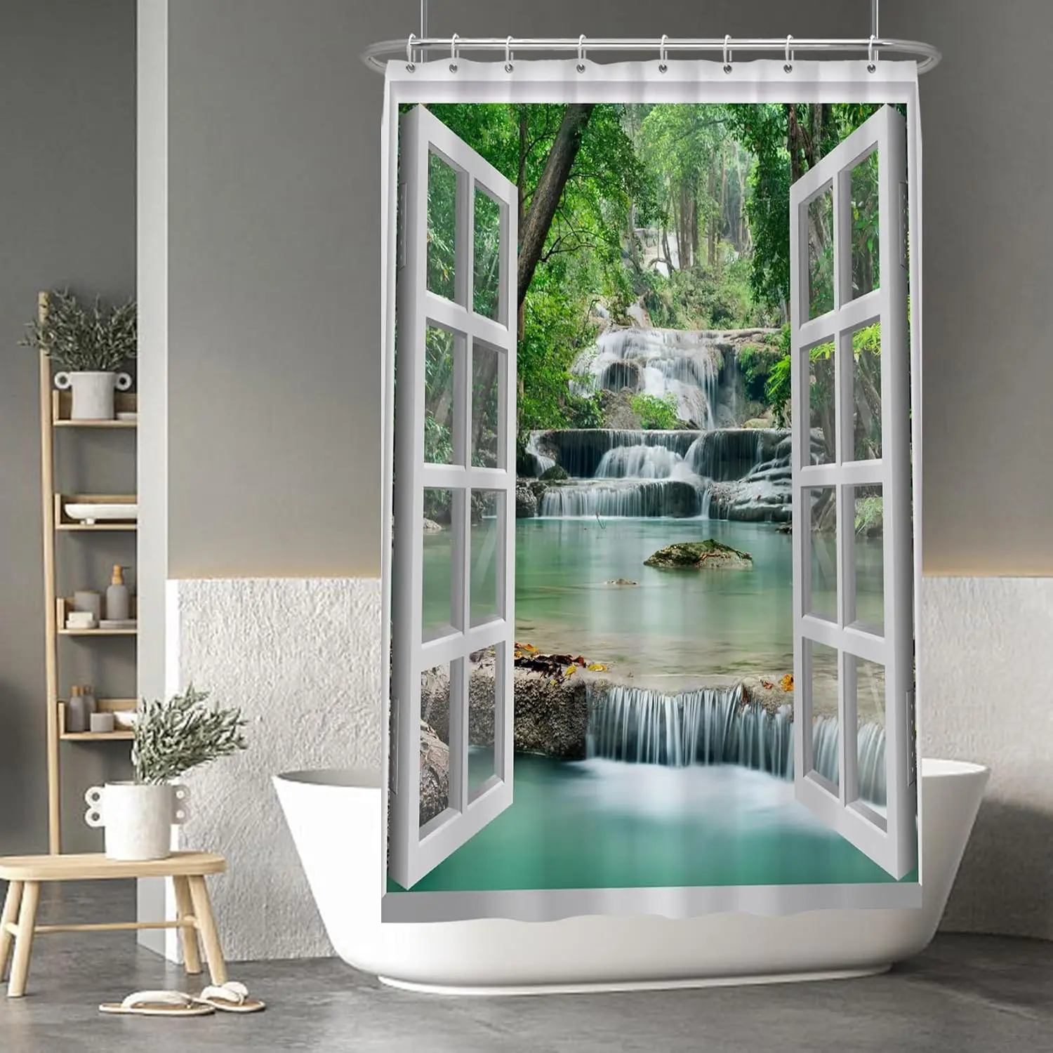 Baocicco Nature Landscape Shower Curtain Summer Forest River Jungle Waterfall Lake Window Scenery Shower Curtains Decorative for