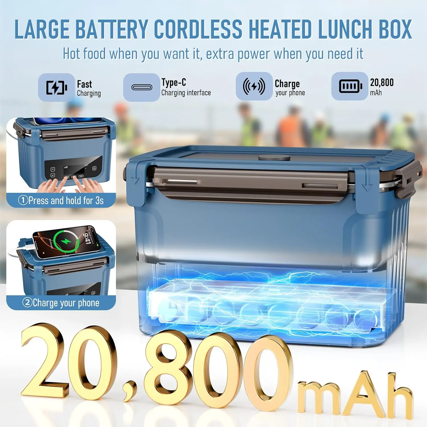 2026 Cordless Electric Lunch Box, 20800mAh Rechargeable, 1.5L Self-Heating Food Warmer for Office, Travel & Outdoor