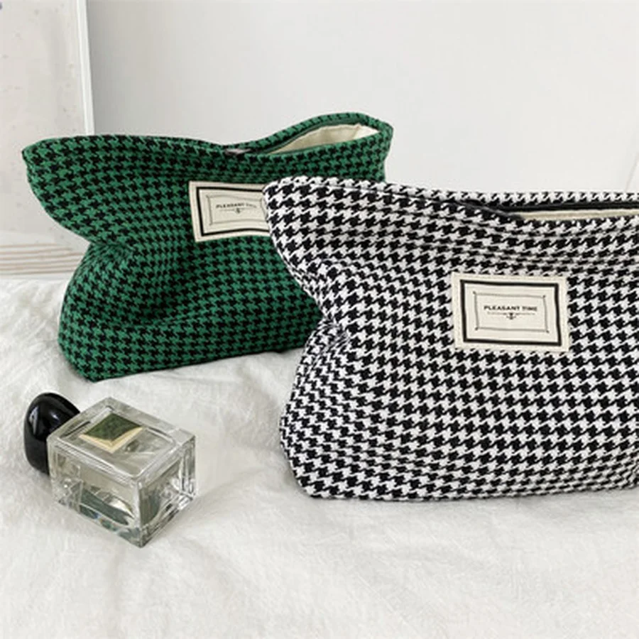 Women Lattice Cosmetic Bag Houndstooth Large Solid Black Makeup Bag Travel Beauty Case Storage Organizer Clutch Toiletry bag