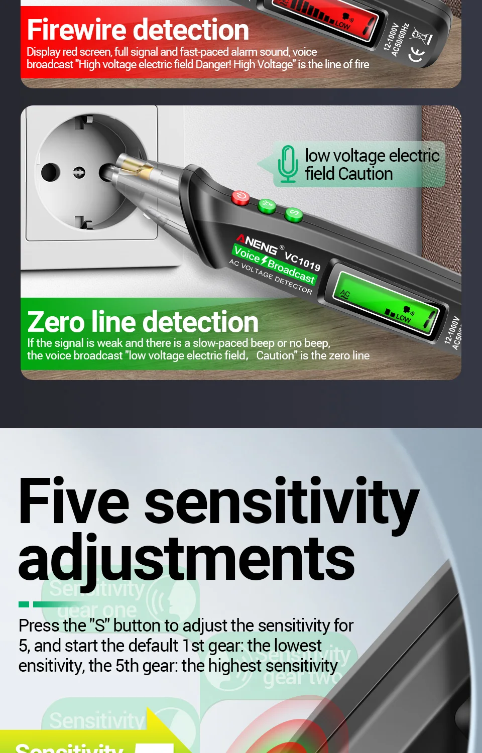 ANENG VC1019 Berührungsloser Spannungsprüfer mit Sprachausgabe 12-1000V AC Neutralleiter- und Spannungsleiter-Detektor mit Ton- und Lichtalarm sowie LED-Taschenlampe – Detail 6